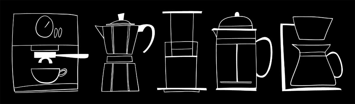 Ilustracje metod parzenia kawy: ekspres, kawiarka, aeropress, french press, dripper